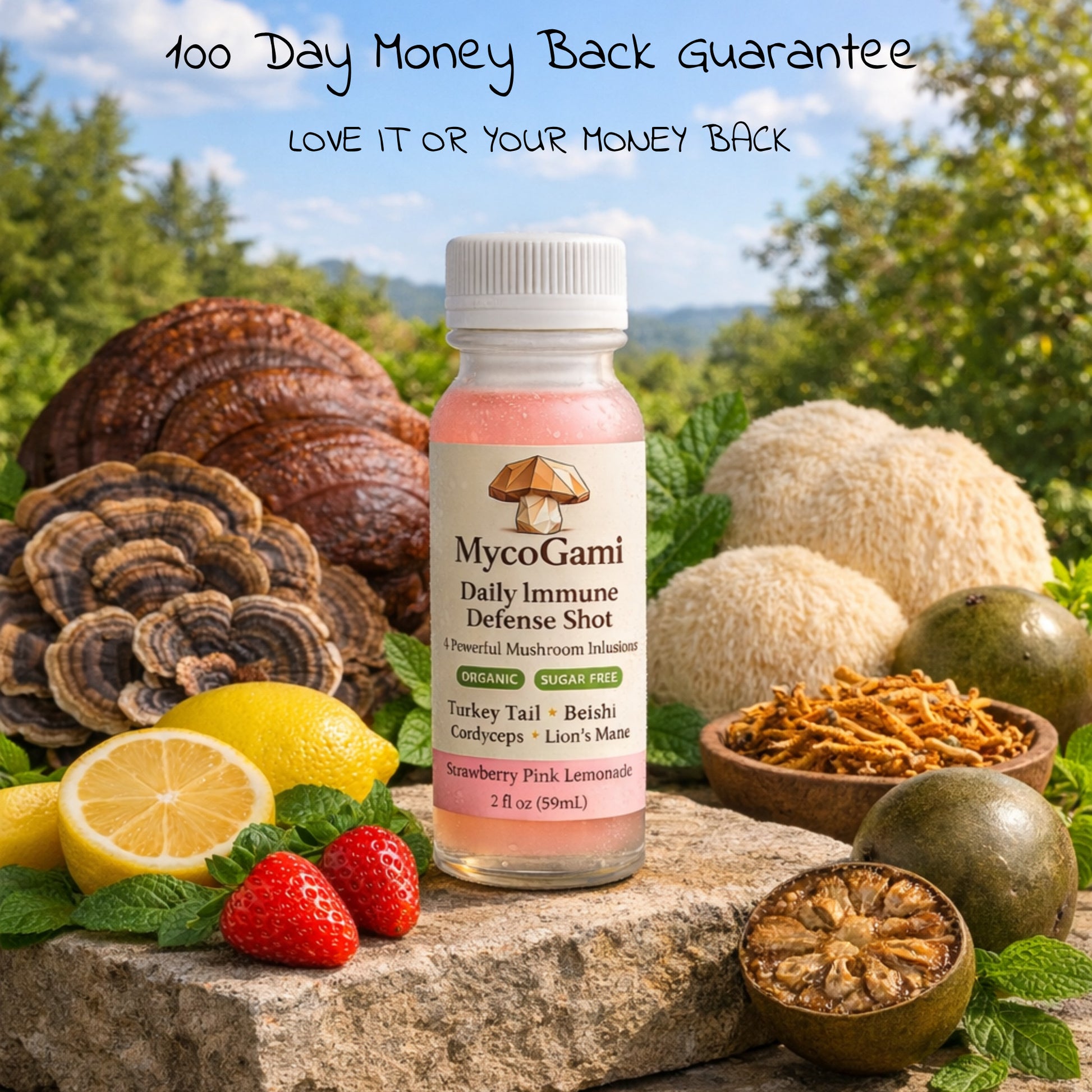 Mycogami daily immune defense shot bottle with mushrooms, lemons, and strawberries on a natural background