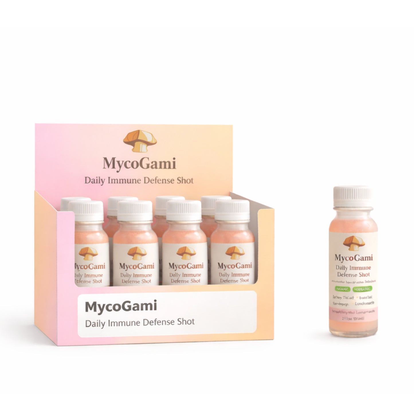 MycoGami Daily Immune support Shot packaging and bottles on a white background