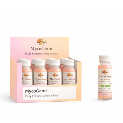 MycoGami Daily Immune support Shot packaging and bottles on a white background