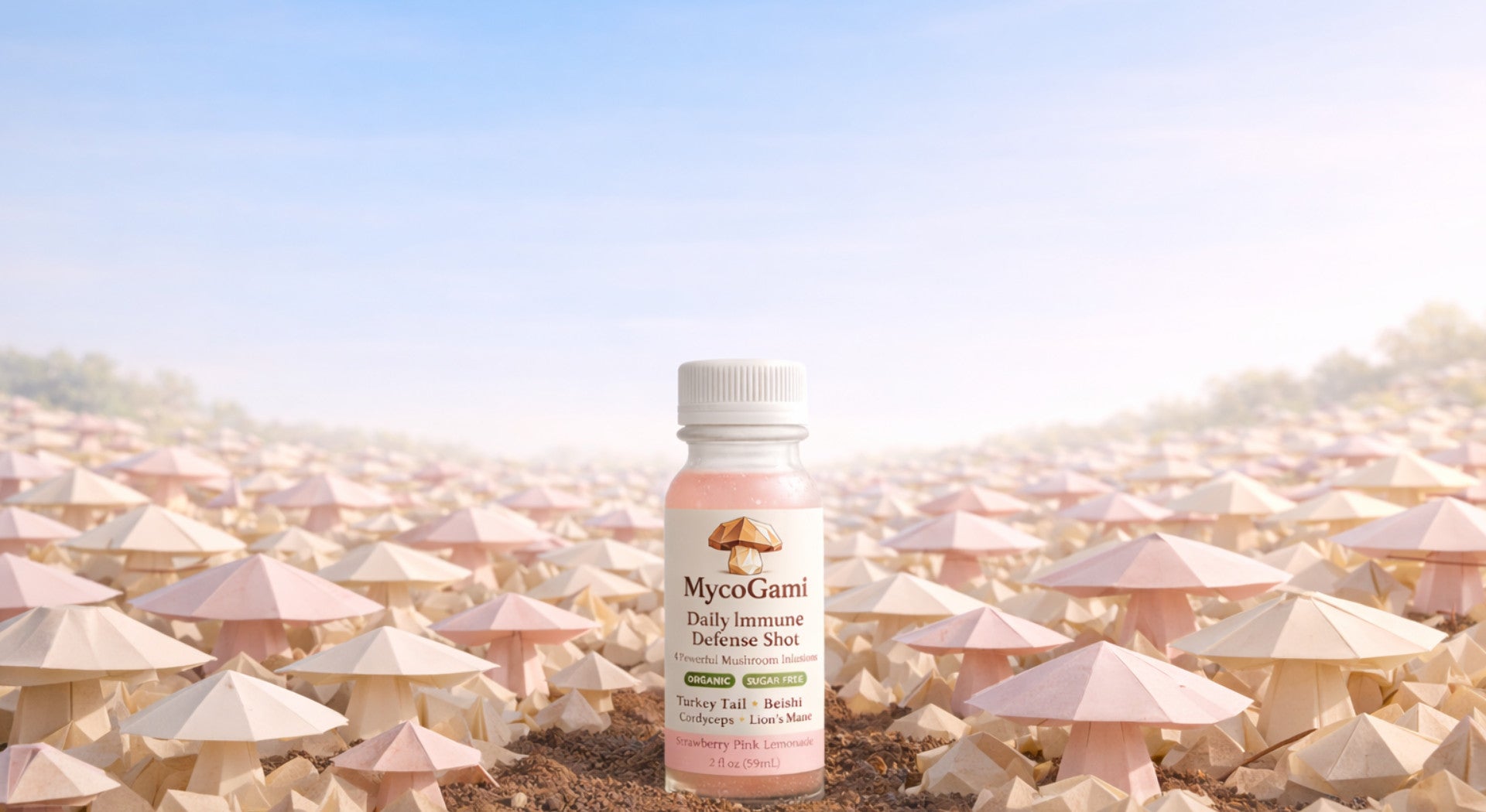 Bottle of MycoGami daily immune support with origami mushrooms in the background