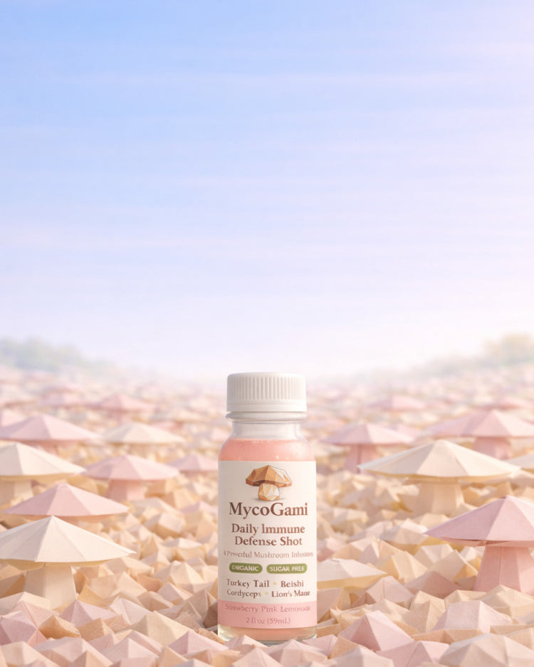 Bottle of MycoGami daily immune support with origami mushrooms in the background