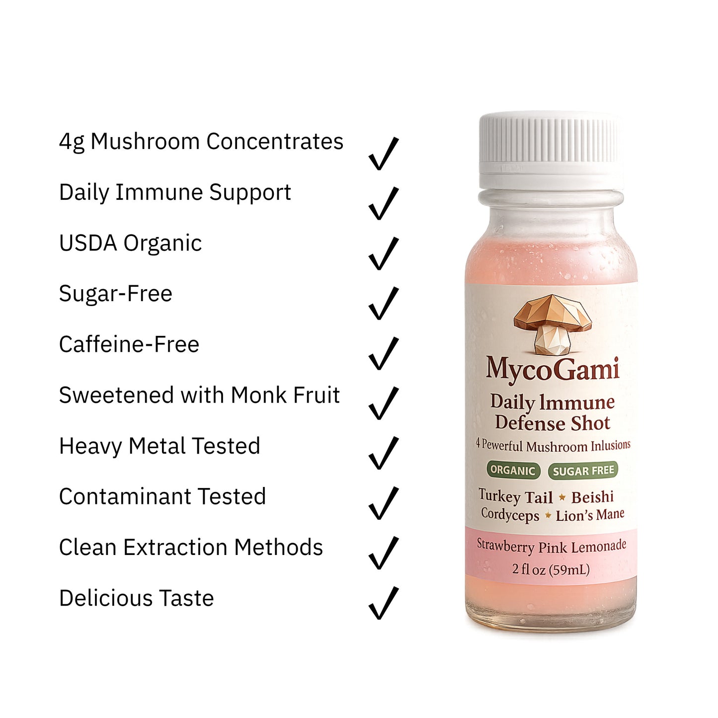Mycogami Daily Immune Defense Shot bottle with features listed on a white background