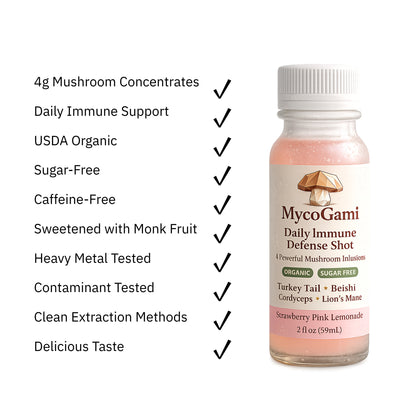 Mycogami Daily Immune Defense Shot bottle with features listed on a white background