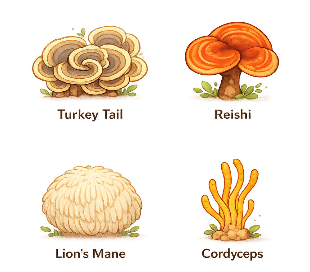 turkey tail, reishi, lions mane, and cordyceps mushrooms