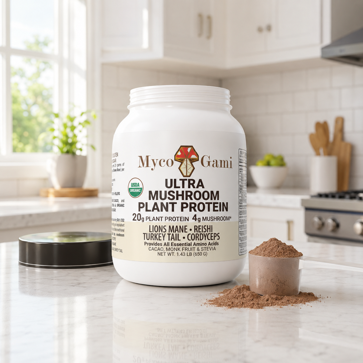 Mycogaami Ultra Mushroom Plant Protein container on a kitchen counter