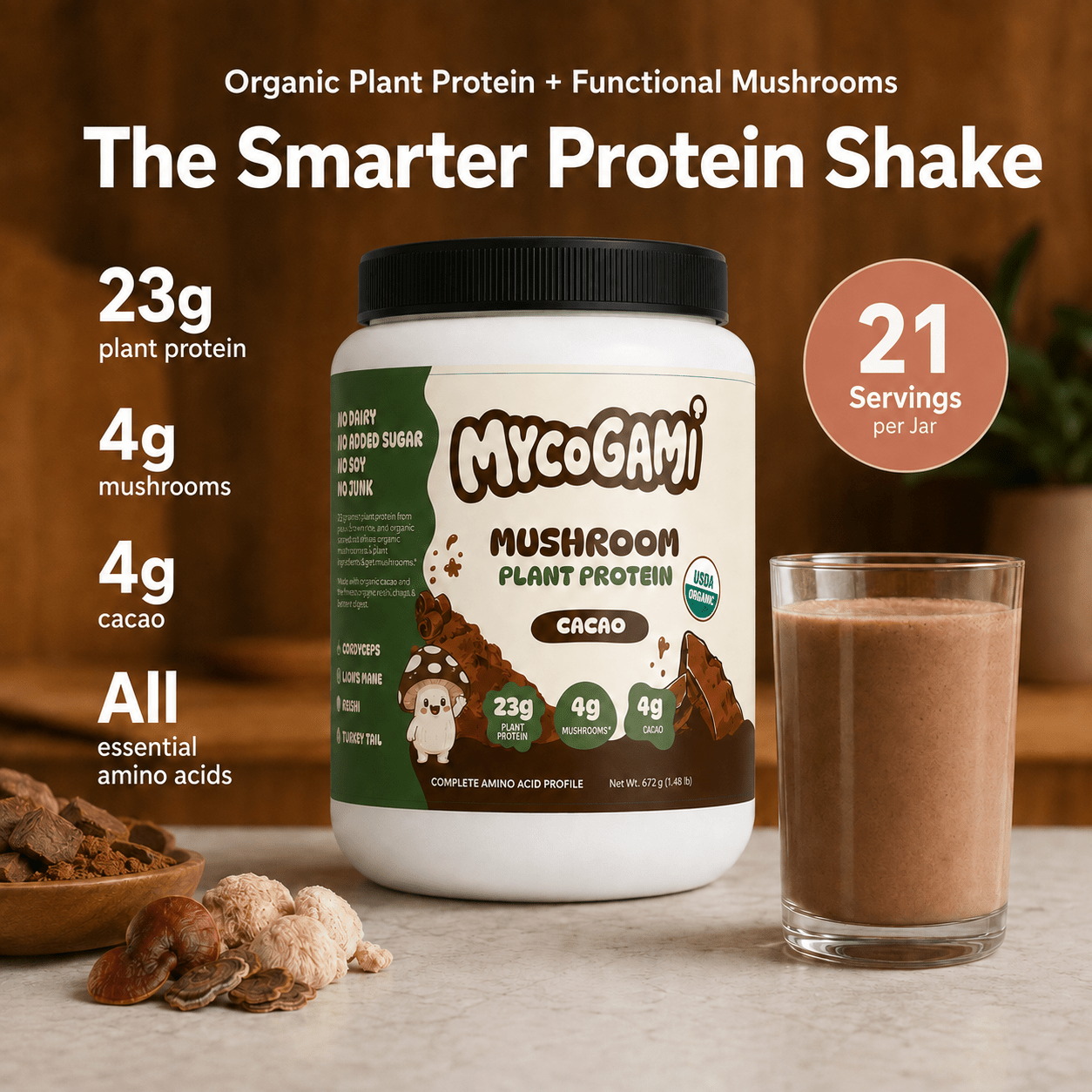 MycoGami Organic Mushroom Plant Protein - Cacao - MycoGami