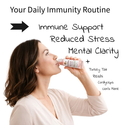Woman drinking MycoGami with text about daily immunity routine, immune support, reduced stress, and mental clarity.